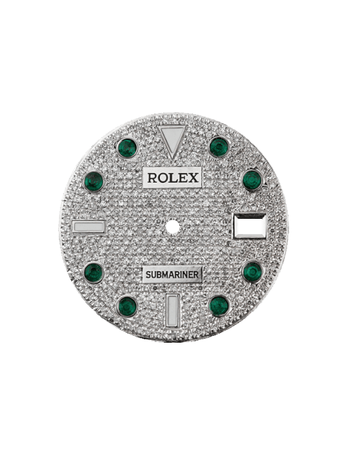 Un quadrante submariner personalizzato con smeraldi e diamanti, un'opzione di lusso per customizzare il proprio orologio.