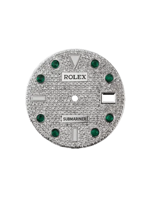 Un quadrante submariner personalizzato con smeraldi e diamanti, un'opzione di lusso per customizzare il proprio orologio.